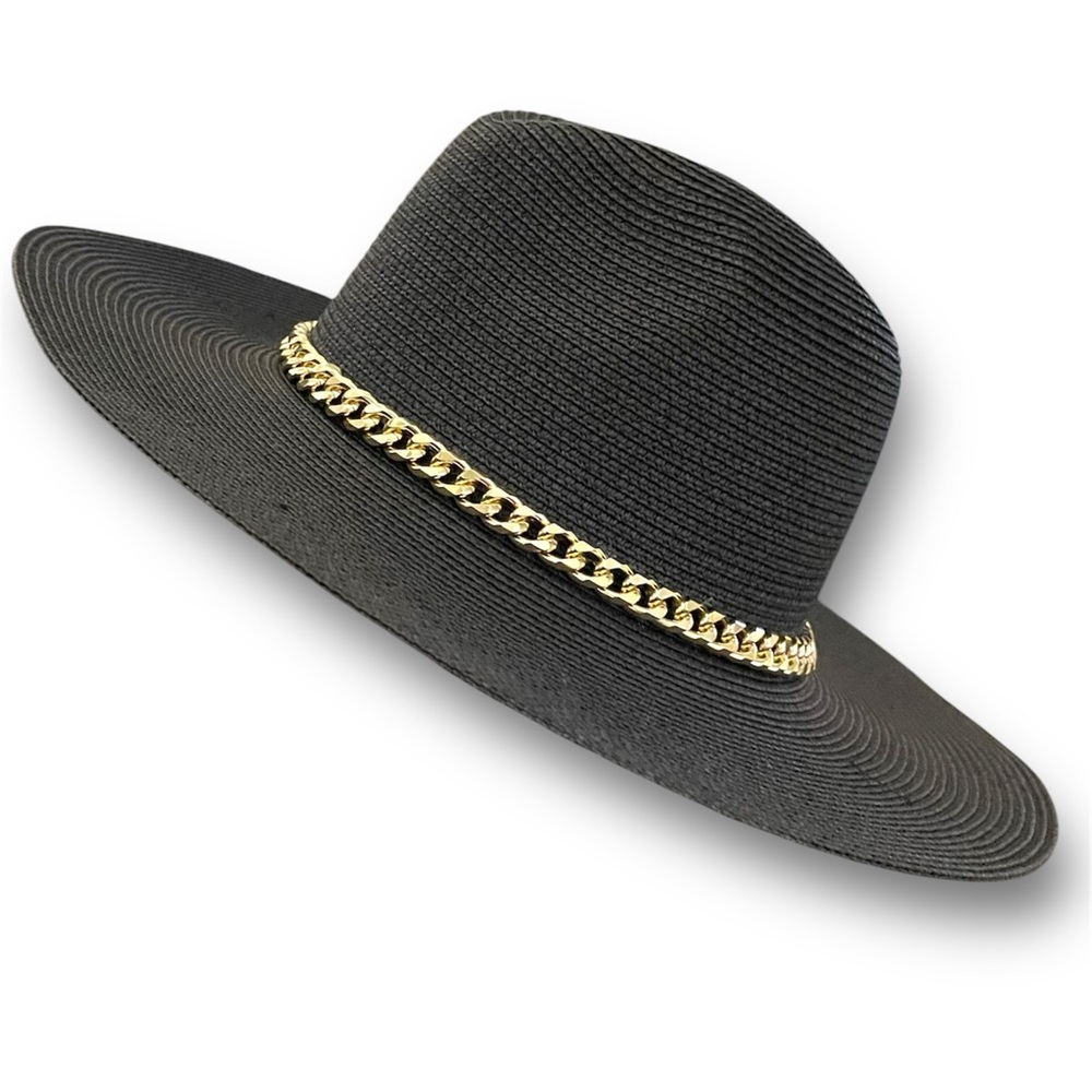 Black Wide Brim Hat with Gold Chain